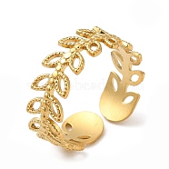 304 Stainless Steel Finger Rings, Open Cuff Ring for Women, Golden, Leaf, 6.5mm, Inner Diameter: 17.2mm(AJEW-Z009-01B-G)
