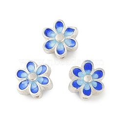 Rhodium Plated 925 Sterling Silver Enamel Beads, Flower, Royal Blue, Silver, 7x6x3.5mm, Hole: 0.8mm(STER-P060-05P)