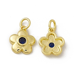 Rack Plating Brass Cubic Zirconia Charms, with Jump Ring, Real 18K Gold Plated, Long-Lasting Plated, Cadmium Free & Nickel Free & Lead Free, 5-Petal Flower Charm, Blue Violet, 12x10.5x2.5mm, Jump Ring: 5x0.9mm, Inner Diameter: 3.2mm(KK-C007-23G-01)