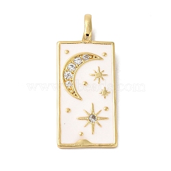 Rack Plating Brass & Cubic Zirconia Pendants, with Enamel, Cadmium Free & Lead Free, Long-Lasting Plated, Rctangle, Real 18K Gold Plated, Rectangle with Moom and Star, White, 30x12.5x3mm, Hole: 5x2mm(KK-L216-008G-02)