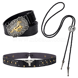 AHADERMAKER 3Pcs 3 Styles PU Leather Men's Chain Belt with Alloy Horse Clasp & Star Bolo Tie & Adjustable Hat Band, Western Cowboy Jewelry Set, Black, 49-5/8 inch(126cm), 40.94 inch(104cm), 762x33x6mm(AJEW-GA0006-64)