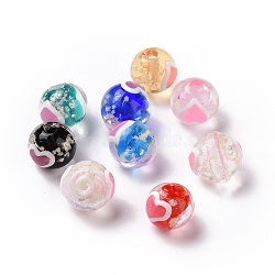 Handmade Lampwork Beads, Round with Heart, Mixed Color, 10x9mm, Hole: 1.4mm(LAMP-P058-02)