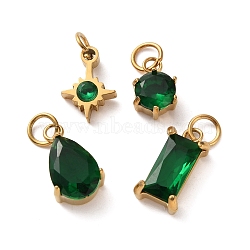 4Pcs 4 Styles 304 Stainless Steel & Glass Pendants, Star & Flat Round & Teardrop & Rectangle, with Jump Ring, Faceted, Ion Plating(IP), Long-Lasting Plated, Sea Green, 10~14x6.5~8x3~5mm, Hole: 3mm(GL-CBAC8BB-01G-05)