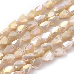 Electroplate Opaque Solid Color Glass Beads Strands, Full Rainbow Plated, Faceted, Triangle, PapayaWhip, 8x6x6mm, Hole: 1.2mm, about 76pcs/Strand, 21.65 inch(55cm)(EGLA-G035-B-FR04)