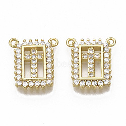 Brass Micro Pave Cubic Zirconia Pendants, Nickel Free, Rectangle with Cross, Clear, Real 16K Gold Plated, 16x14x2.5mm, Hole: 1.2mm(ZIRC-T014-030-NF)