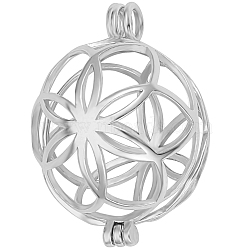 Anti-Tarnish Beebeecraft 1Pc Rhodium Plated 925 Sterling Silver Empty Bead Cage Pendants, Round with Flower, Platinum, 25x18mm, Hole: 2.5mm, Inner Diameter: 16.5mm(STER-BBC0005-71P)