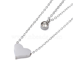 Ion Plating(IP) 304 Stainless Steel Cable Necklaces, Heart & Flat Round with Rhinestone Pendant Necklaces for Women, Stainless Steel Color, 15.94 inch(40.5cm)(NJEW-G081-08P)