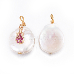 Natural Cultured Freshwater Pearl Pendants, with Brass Cubic Zirconia Findings, Nuggets with Musical Instruments, Golden, Old Rose, 17~26x11~16x5~11mm, Hole: 1.6~2mm(PEAR-E013-30D)