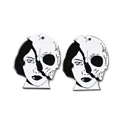 Halloween Printed Acrylic Pendants, Woman with Skull Charms, Women Pattern, 39.5x31x2.3mm, Hole: 1.8mm(SACR-G026-02A)