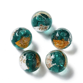 Handmade Lampwork Bead, with Gold Foil, Round, Teal, 11.5~12x11~11.5mm, Hole: 1.8~2mm