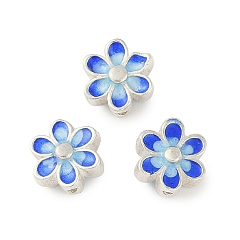 Rhodium Plated 925 Sterling Silver Enamel Beads, Flower, Royal Blue, Silver, 7x6x3.5mm, Hole: 0.8mm