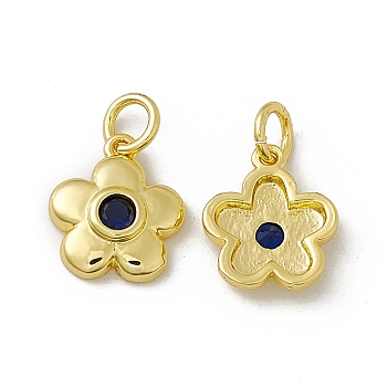 Rack Plating Brass Cubic Zirconia Charms, with Jump Ring, Real 18K Gold Plated, Long-Lasting Plated, Cadmium Free & Nickel Free & Lead Free, 5-Petal Flower Charm, Blue Violet, 12x10.5x2.5mm, Jump Ring: 5x0.9mm, Inner Diameter: 3.2mm