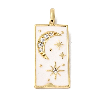 Rack Plating Brass & Cubic Zirconia Pendants, with Enamel, Cadmium Free & Lead Free, Long-Lasting Plated, Rctangle, Real 18K Gold Plated, Rectangle with Moom and Star, White, 30x12.5x3mm, Hole: 5x2mm