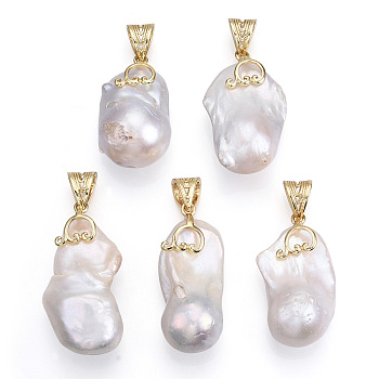 Natural Baroque Pearl Keshi Pearl Pendants, Brass Nuggets Charms with Snap On Bails, Lead Free & Nickel Free & Cadmium Free, Long-Lasting Plated, Real 18K Gold Plated, 31.5~40x16~21x14~17.5mm, Hole: 8x5mm