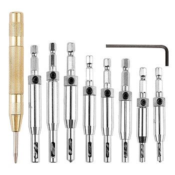 Center Drill Bit Sets, with Automatic Center Punch, Self Centering Hinge Tapper Core Hole Puncher, Woodworking Tools, Stainless Steel Color, 46x2.5~6mm