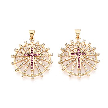 Brass Micro Pave Cubic Zirconia Pendants, Ferris Wheel with Cross Charms, Real 16K Gold Plated, 28x25.5x2.5mm, Hole: 5x3.5mm