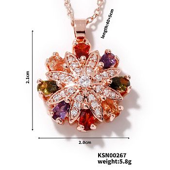 Brass Colorful Rhinestone Pendant Necklaces for Women, Fashionable and Versatile, Rose Gold, Flower, 15.75 inch(40cm)