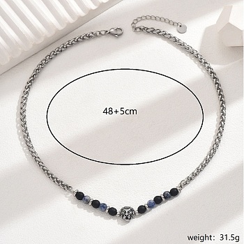 Vintage Stainless Steel Lion Head Blue Spot Jasper Beaded Necklaces for Daily Wear, 18.90 inch(48cm)