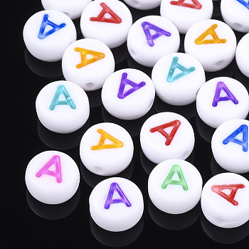 Initial Acrylic Beads, Horizontal Hole, Flat Round, Mixed Color, Letter.A, 7x3.5~4mm, Hole: 1.2mm, about 3700pcs/500g