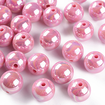 Opaque Acrylic Beads, AB Color Plated, Round, Hot Pink, 16x15mm, Hole: 2.8mm, about 220pcs/500g