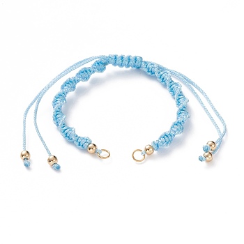 Adjustable Polyester Braided Cord Bracelet Making, with Brass Beads and 304 Stainless Steel Jump Rings, Golden, Sky Blue, Single Chain Length: about 5-1/2 inch(14cm)