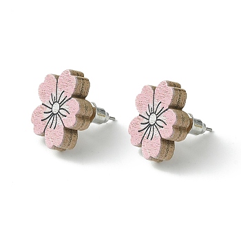 Poplar Wood Stud Earrings, with 316 Surgical Stainless Steel Pin, Flower, 15x16mm