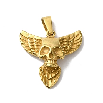 PVD Vacuum Plating 304 Stainless Steel Pendants, Skull with Wing Charm, Golden, 34x36.5x9mm, Hole: 11.5x6mm