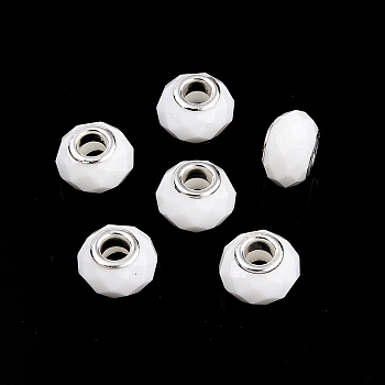 Glass European Beads, Large Hole Beads, with Brass Cores, Faceted, Rondelle, White, 13.5~14x9~9.5mm, Hole: 5mm