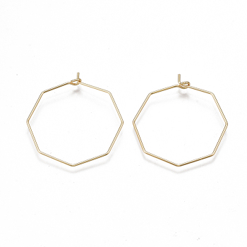 Brass Hoop Earring Findings, Wine Glass Charms Findings, Octagon, Nickel Free, Real 18K Gold Plated, 20 Gauge, 30~31x28x0.8mm, Pin: 0.8mm