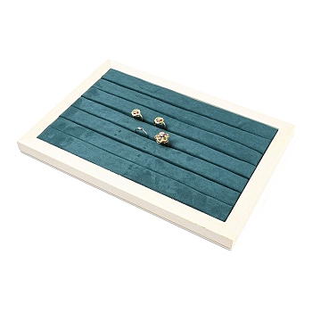 6 Slots Microfiber Cloth Ring Display Stands, Ring Organizer Holder with White Pine Wood Base, Rectangle, Teal, 24.3x34.8x2.45cm