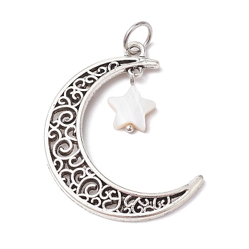 Alloy Moon Pendants, Hollow Moon Charms with Star Natural Freshwater Shell, Antique Silver, 41x34x2.5mm, Hole: 6mm