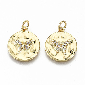 Hammererd Brass Micro Pave Clear Cubic Zirconia Pendants, with Jump Rings, Nickel Free, Flat Round with Butterfly, Real 16K Gold Plated, 17x15x2mm, Jump Ring: 5x0.8mm, 3.4mm inner diameter
