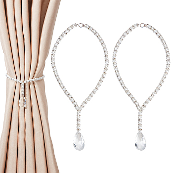Glass Pearl with Rhinestone Round Beaded Curtain Tiebacks, Faceted Teardrop Glass Pendant, White, 450mm, 2pcs/set
