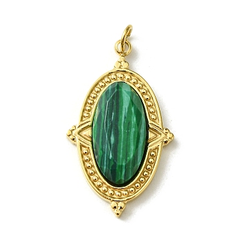 Ion Plating(IP) 304 Stainless Steel Pave Faceted Synthetic Malachite Pendants, Oval Charms, Real 14K Gold Plated, 24.5x14.5x4.5mm, Hole: 2.5mm
