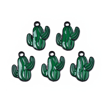 Rack Plating Alloy Enamel Spray Painted Pendants, Cadmium Free & Nickel Free & Lead Free, Cactus, Dark Green, 19.7x15x2.2mm, Hole: 2mm