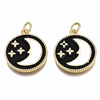 Brass Micro Pave Cubic Zirconia Enamel Pendants, with Jump Rings, Nickel Free, Flat Round with Moon, Real 16K Gold Plated, Black, 21.5x18x2mm, Jump Ring: 5x0.8mm, 3mm inner diameter