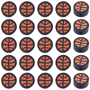 200Pcs Handmade Polymer Clay Beads, Flat Round with Basketball Pattern, Chocolate, 9.5x4mm, Hole: 1.8mm