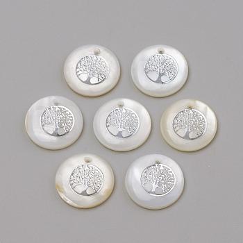 Freshwater Shell Pendants, Flat Round & Tree, Platinum, 16x3.5~4mm, Hole: 1.2mm