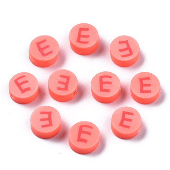 Handmade Polymer Clay Beads, Flat Round with Alphabet, Light Coral, Letter.E, 9x3.5~5mm, Hole: 1.6mm