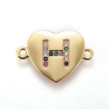 Brass Micro Pave Cubic Zirconia Links, Heart with Letter, Colorful, Golden, Letter.H, 14~14.5x19.5~20x1.5mm, Hole: 1.5mm