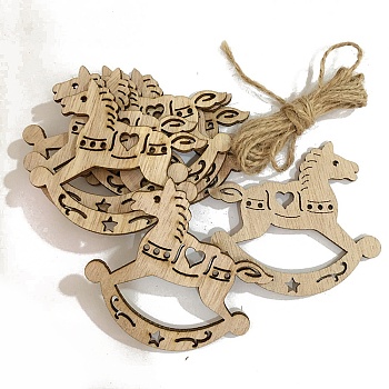 Unfinished Wood Pendant Decorations, with Hemp Rope, for Christmas Ornaments, Rocking Horse, 6.3x7cm, 10pcs/bag