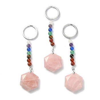 Natural Rose Quartz Hexagon Pendant Keychain, with 7 Chakra Gemstone Beads and Platinum Tone Brass Findings, 11.4cm