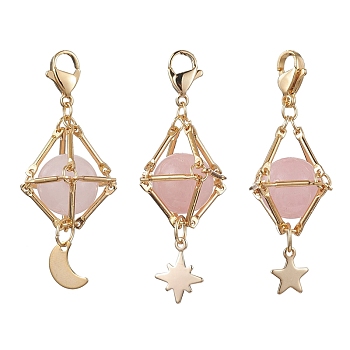 Natural Rose Quartz Brass Pendant Decorations, Diamond with Star & Moon, 48~52mm, 3pcs/set