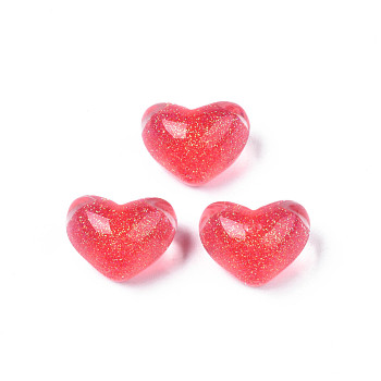Translucent Acrylic Cabochons, with Glitter Powder, Heart, Crimson, 14x18x12mm