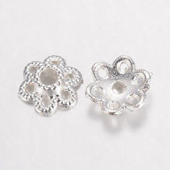 Alloy Fancy Bead Caps, Hollow 6-Petal Flower, Silver Color Plated, 6.5x2mm, Hole: 1mm