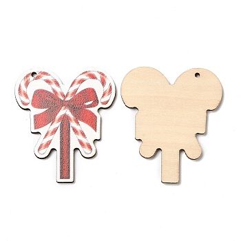 Single Face Christmas Printed Wood Big Pendants, Christmas Candy Cane Charms, Red, 55x47x2.5mm, Hole: 2mm