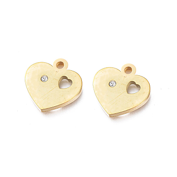 Ion Plating(IP) 304 Stainless Steel Charms, Manual Polishing, with Crystal Rhinestone, Heart, for Valentine's day, Golden, 12.5x11x1.2mm, Hole: 1.8mm