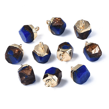 Assembled Synthetic Bronzite and Lapis Lazuli Charms, with Light Gold Brass Loop, Faceted, Octagon, 11~13x8~9x8~9mm, Hole: 1.6~1.8mm