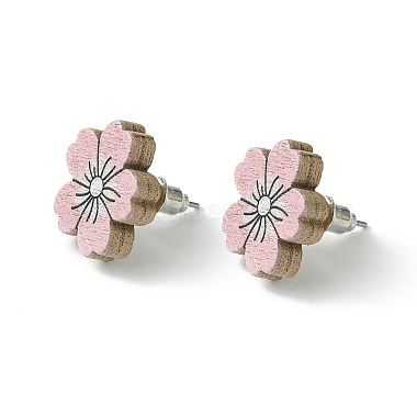 Pearl Pink Flower Wood Stud Earrings