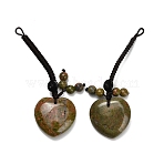 Heart Natural Unakite Pendant Decorations, with Plastic Button, Braided Rope Bag Pendant for Good Luck, 86~93mm(G-K353-07A)